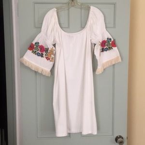 Dress-embroidered, bell sleeves with fringe